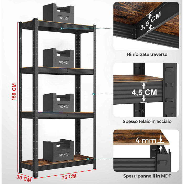 KIT 2 Scaffali stile industrial- vintage in acciaio e legno m. 75x30x150 Regolabili, per Soggiorno, Cucina, colore Marrone  e Nero